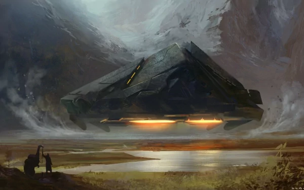 Sci-Fi HD PC desktop wallpaper/background: a massive triangular spaceship hovers over a misty valley, orange thrusters glowing and reflecting on a river while two small figures watch from shore.