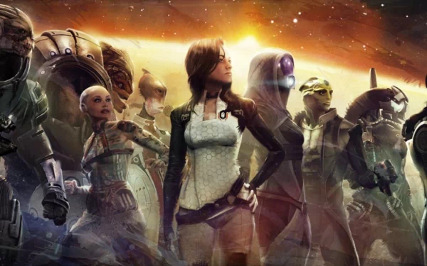 An HD desktop wallpaper featuring iconic characters from Mass Effect 2, including Garrus Vakarian, Tali'Zorah, and Mordin Solus, set against a vibrant space backdrop.