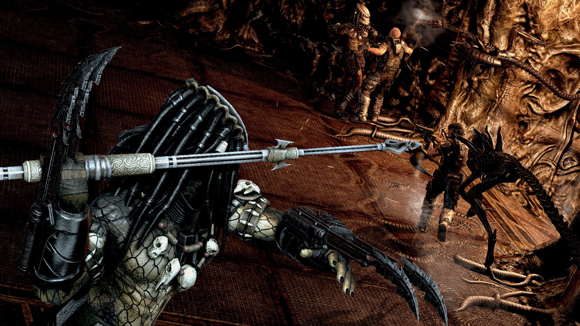 A high-definition desktop wallpaper depicting a Predator from the video game Aliens vs. Predator, showcasing an intense confrontation between the alien and its targets.