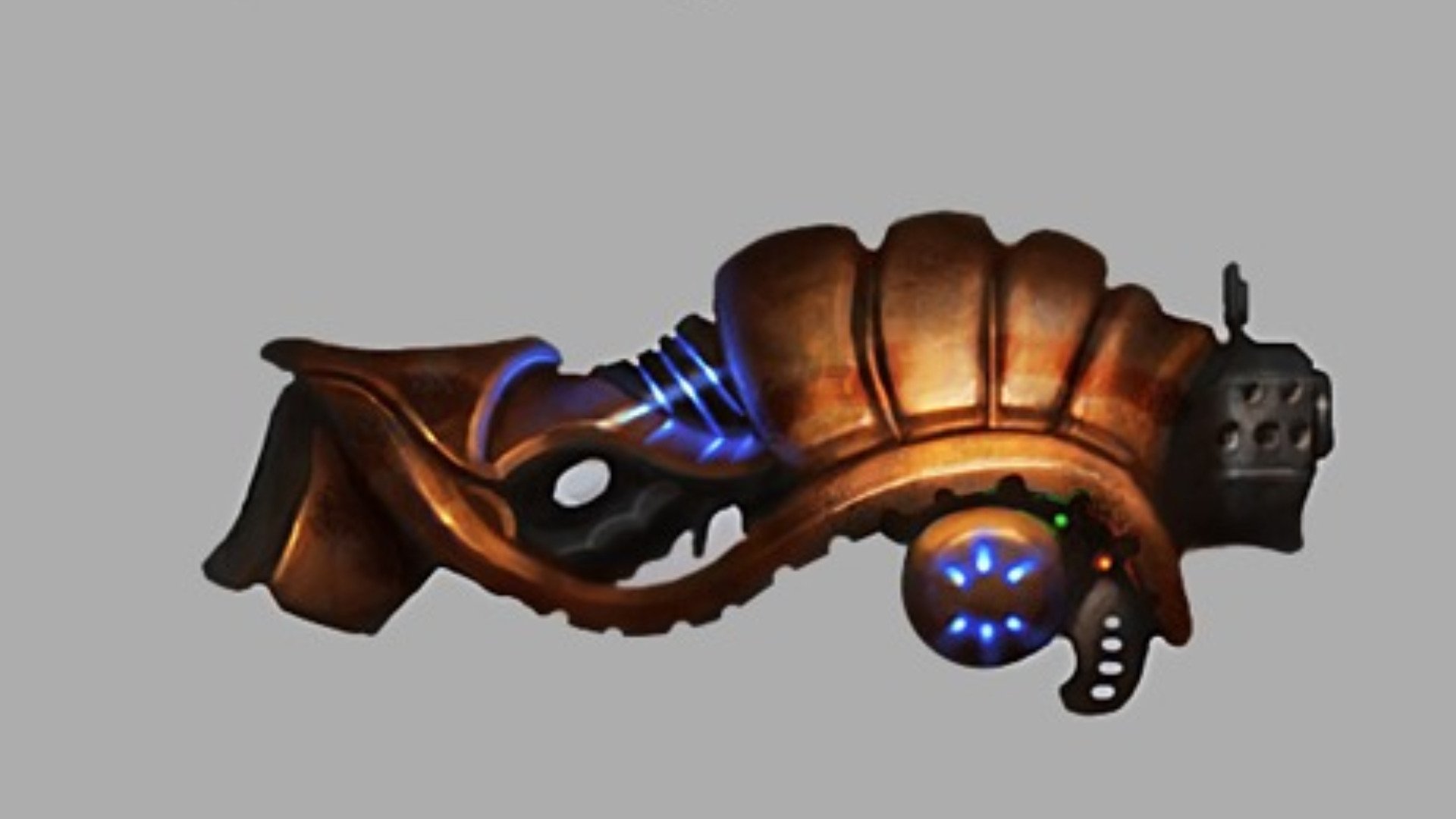 Sci Fi energy weapon: bronze, organic-plated sidearm with glowing blue coils and a pulsating orb, rendered in HD as a PC desktop wallpaper/background.