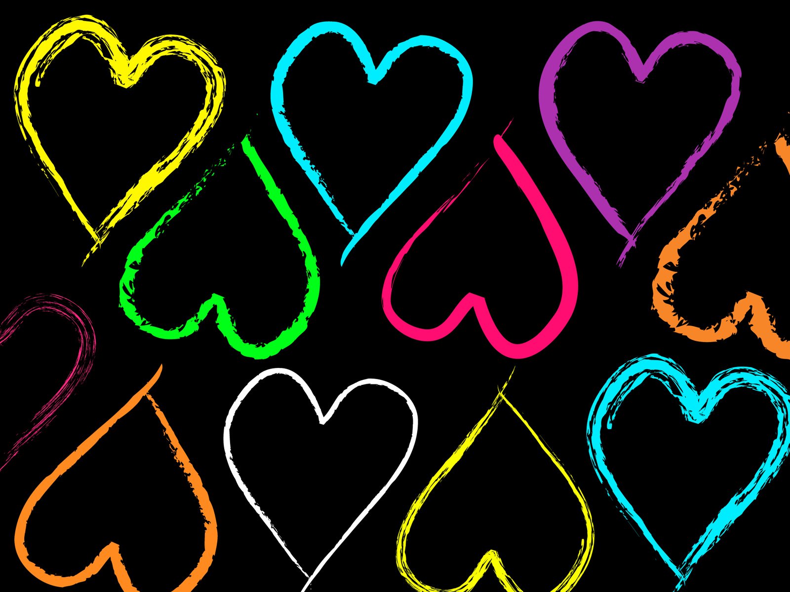 A vibrant HD desktop wallpaper featuring colorful, artistic heart shapes on a black background, evoking the theme of love.