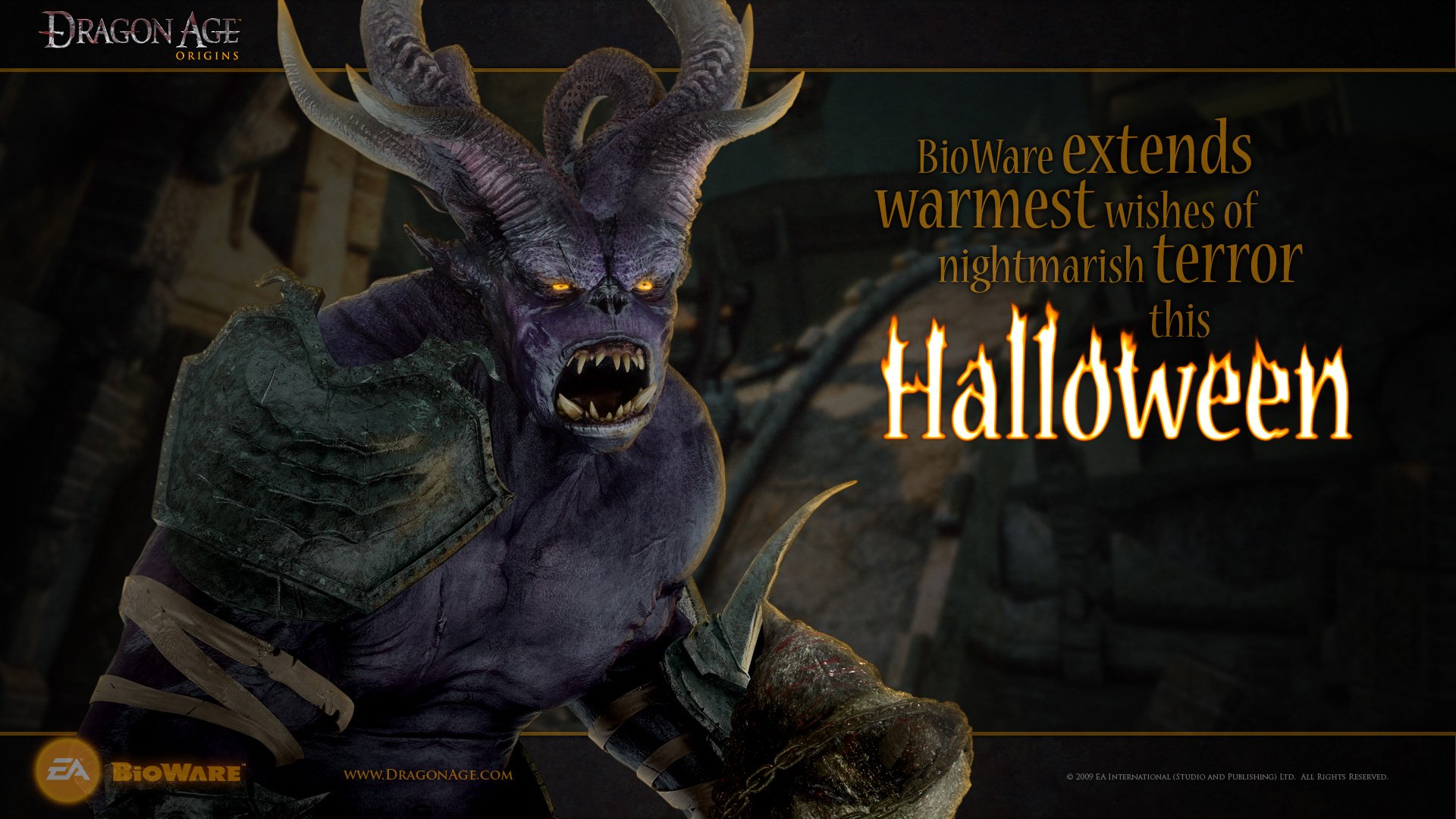 HD PC desktop wallpaper from the video game Dragon Age: Origins features a menacing horned creature and Halloween-themed text extending warmest wishes from BioWare.