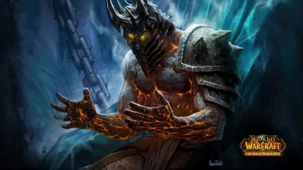 HD desktop wallpaper featuring the Lich King from the video game World of Warcraft, showcasing dark, fiery armor and glowing eyes in a dramatic, icy setting.