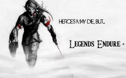 A striking HD wallpaper for PC featuring a character from The Legend of Zelda. The artwork conveys a powerful message: Heroes may die, but legends endure.