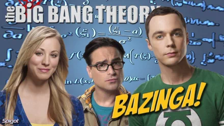 HD wallpaper featuring Sheldon Cooper, Leonard Hofstadter, and Penny from The Big Bang Theory, with a background of equations and the playful text BAZINGA!