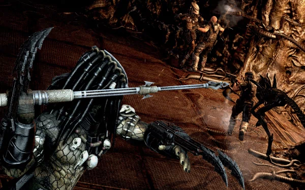 A high-definition desktop wallpaper depicting a Predator from the video game Aliens vs. Predator, showcasing an intense confrontation between the alien and its targets.