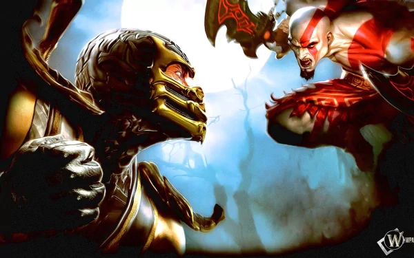 Collage featuring Kratos from God of War, showcasing intense action against a fierce opponent, set against a dramatic background. High-definition wallpaper for video game enthusiasts.