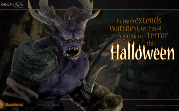 HD PC desktop wallpaper from the video game Dragon Age: Origins features a menacing horned creature and Halloween-themed text extending warmest wishes from BioWare.