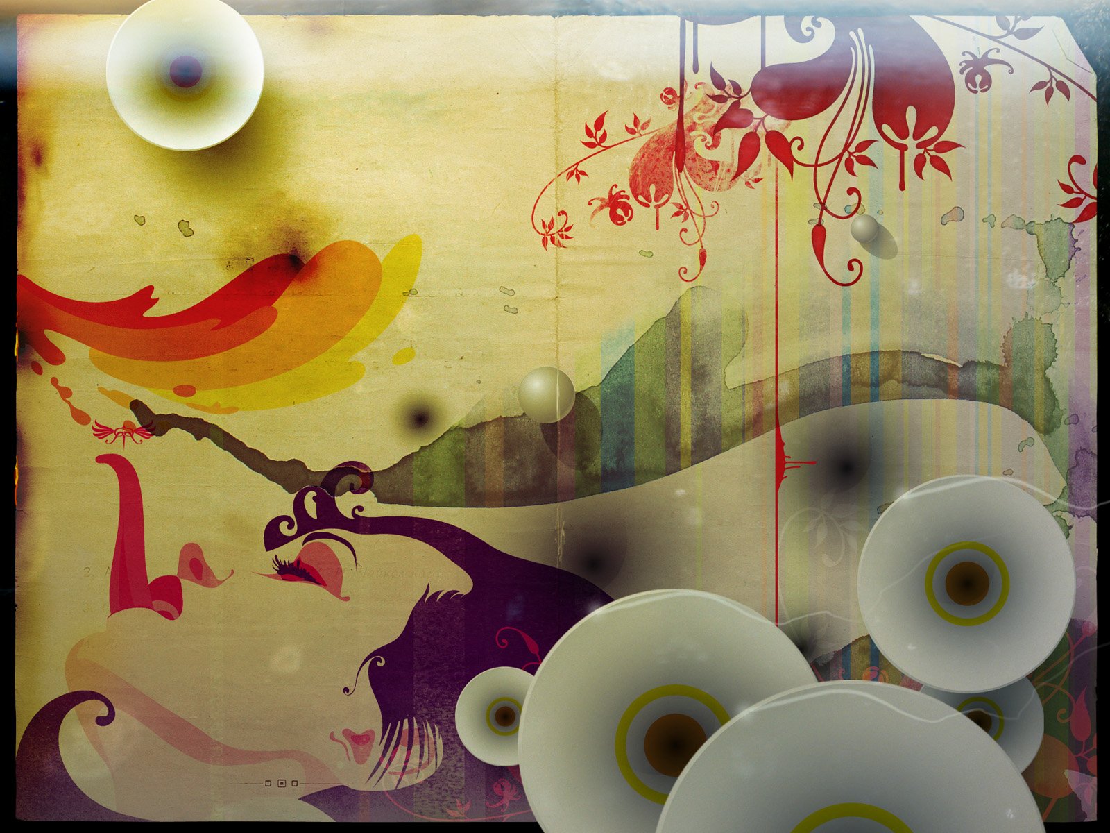 Artistic HD wallpaper featuring a vibrant, abstract depiction of a serene face, colorful swirls, and floral design elements.