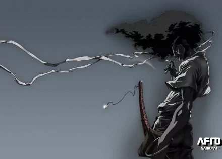 HD desktop wallpaper featuring Afro Samurai, standing with his sword and blowing fabric against a grey background. Text Afro Samurai is visible in the bottom right corner.