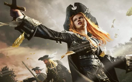 A vibrant HD desktop wallpaper featuring a fierce female pirate wielding a sword, set against a dramatic sky, inspired by themes from Magic: The Gathering.