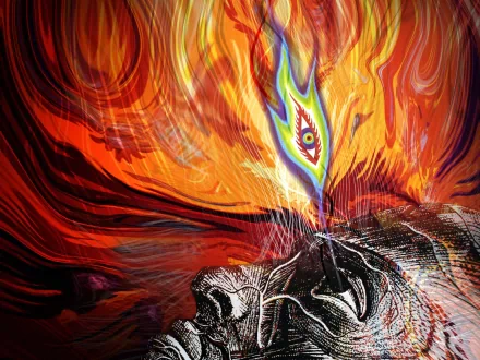 HD desktop wallpaper featuring vibrant, abstract artwork inspired by the band Tool, showcasing a surreal scene with intense colors and dynamic patterns.