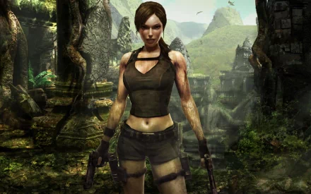 HD PC desktop wallpaper featuring Lara Croft from the Tomb Raider video game series, standing confidently in a lush, ancient jungle environment.