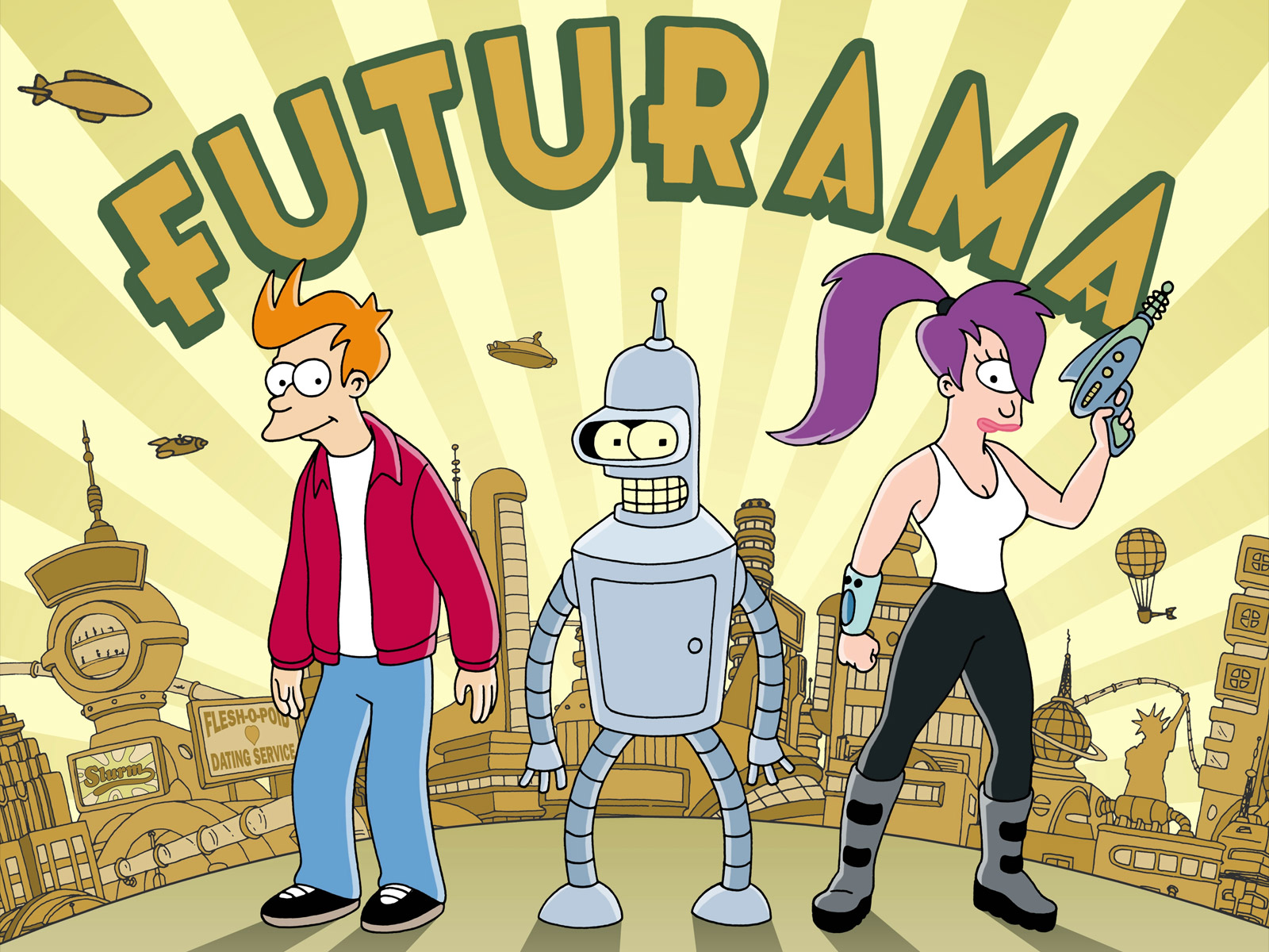 Futurama characters Leela, Fry, and Bender on a high-definition desktop wallpaper.