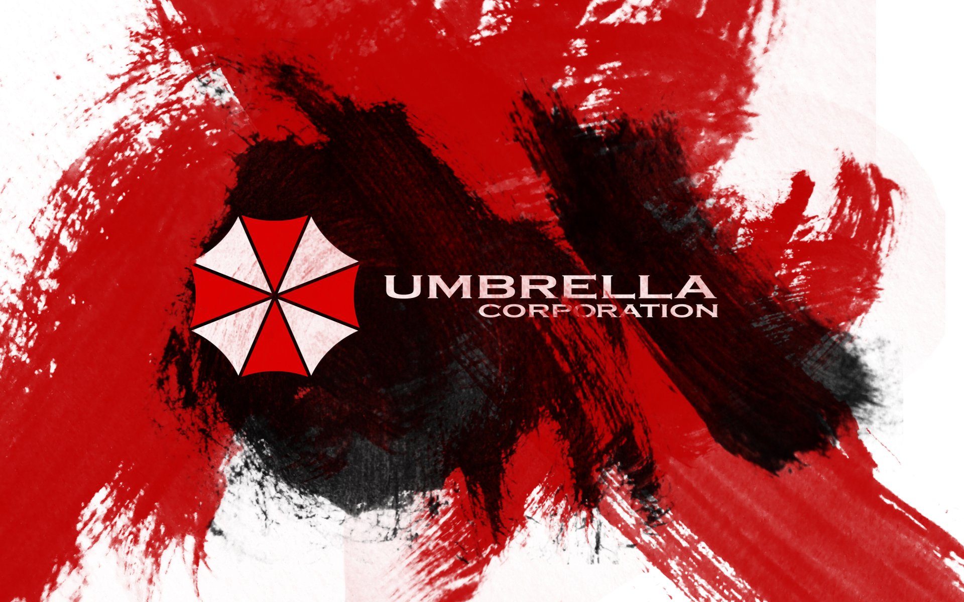 HD PC desktop wallpaper featuring the Umbrella Corporation logo from the Resident Evil video game, set against a dynamic red and black paint splatter background.