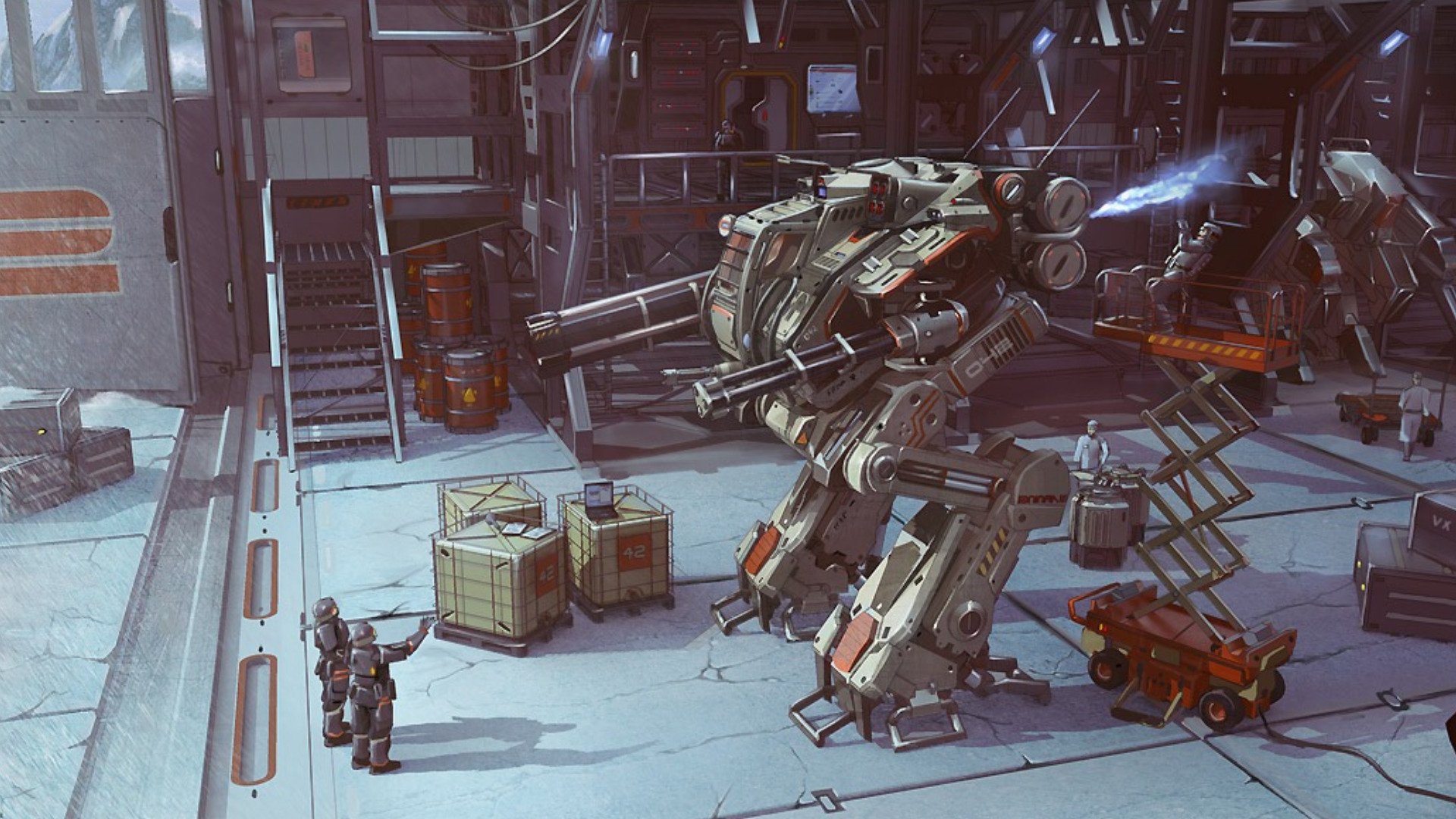 Sci-fi HD PC desktop wallpaper/background: towering mech robot in a maintenance hangar, technicians and crates nearby, tools and dramatic lighting create a cinematic industrial scene.