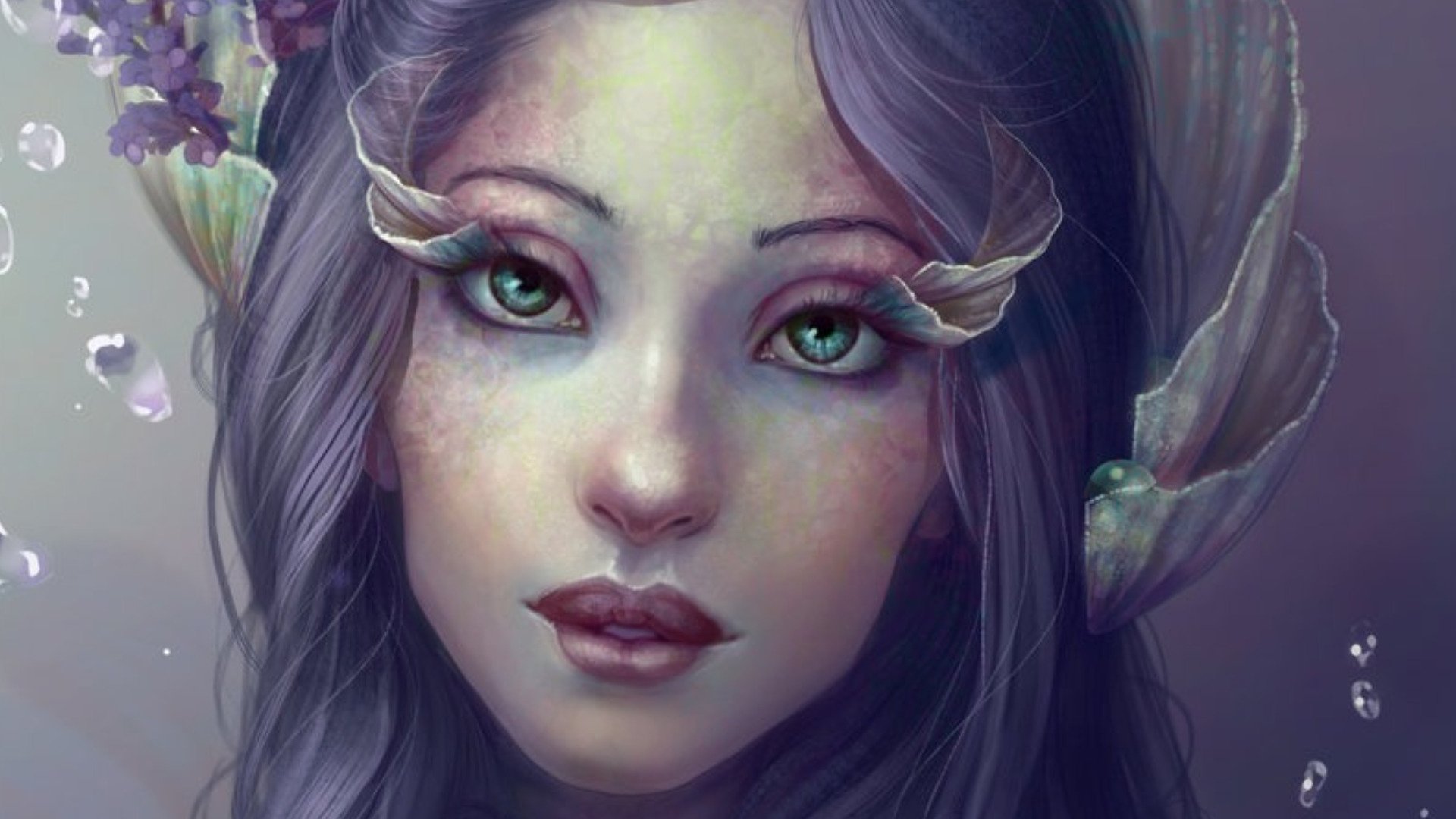 Fantasy-themed HD PC desktop wallpaper featuring a close-up of a woman with ethereal makeup, sea-inspired details, and striking green eyes.