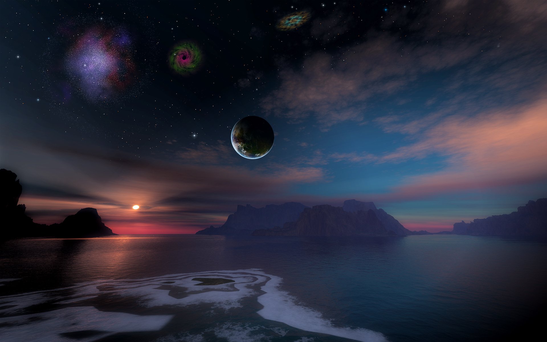 A stunning HD desktop wallpaper featuring a Sci-Fi landscape with an ocean, distant planets, and a mesmerizing sunset, set against a beautifully colored sky.