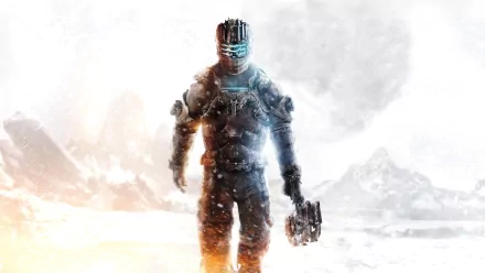 Isaac Clarke from Dead Space 3 stands resiliently in a snowy landscape, equipped for battle, in this high-definition desktop wallpaper and background.