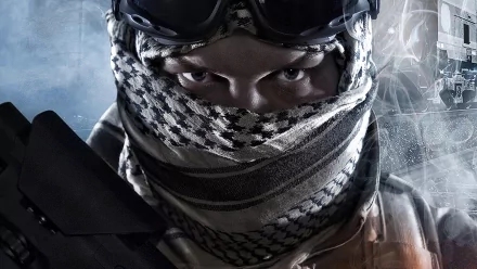 A close-up of a soldier wearing goggles and a scarf, set against a dramatic background. This HD desktop wallpaper captures the action-packed essence of Battlefield 3.