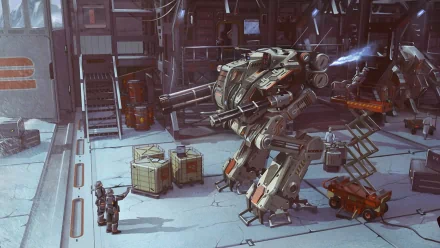 Sci-fi HD PC desktop wallpaper/background: towering mech robot in a maintenance hangar, technicians and crates nearby, tools and dramatic lighting create a cinematic industrial scene.