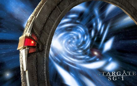 Stargate SG-1 TV show HD PC desktop wallpaper: activated stargate ring with a swirling blue event horizon and starfield background.