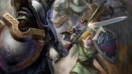 A high-definition desktop wallpaper featuring Link from The Legend of Zelda video game series, poised for battle with a sword and shield, facing armored enemies.