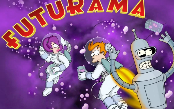 Fry, Leela, and Bender from Futurama float in space against a vibrant purple background, showcasing their iconic cartoon style in this HD desktop wallpaper.
