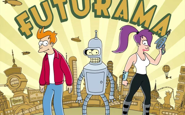 HD wallpaper featuring characters Fry, Bender, and Leela from the TV show Futurama, set against a colorful backdrop with the show's title prominently displayed.
