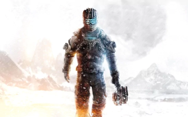 Isaac Clarke from Dead Space 3 stands resiliently in a snowy landscape, equipped for battle, in this high-definition desktop wallpaper and background.