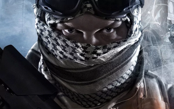 A close-up of a soldier wearing goggles and a scarf, set against a dramatic background. This HD desktop wallpaper captures the action-packed essence of Battlefield 3.