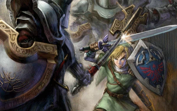 A high-definition desktop wallpaper featuring Link from The Legend of Zelda video game series, poised for battle with a sword and shield, facing armored enemies.