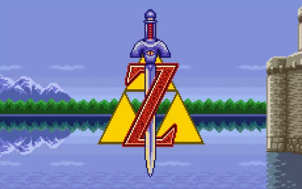 A vibrant HD wallpaper showcasing the iconic sword and logo of The Legend of Zelda: A Link to the Past, reflecting a serene landscape and nostalgic gaming imagery.