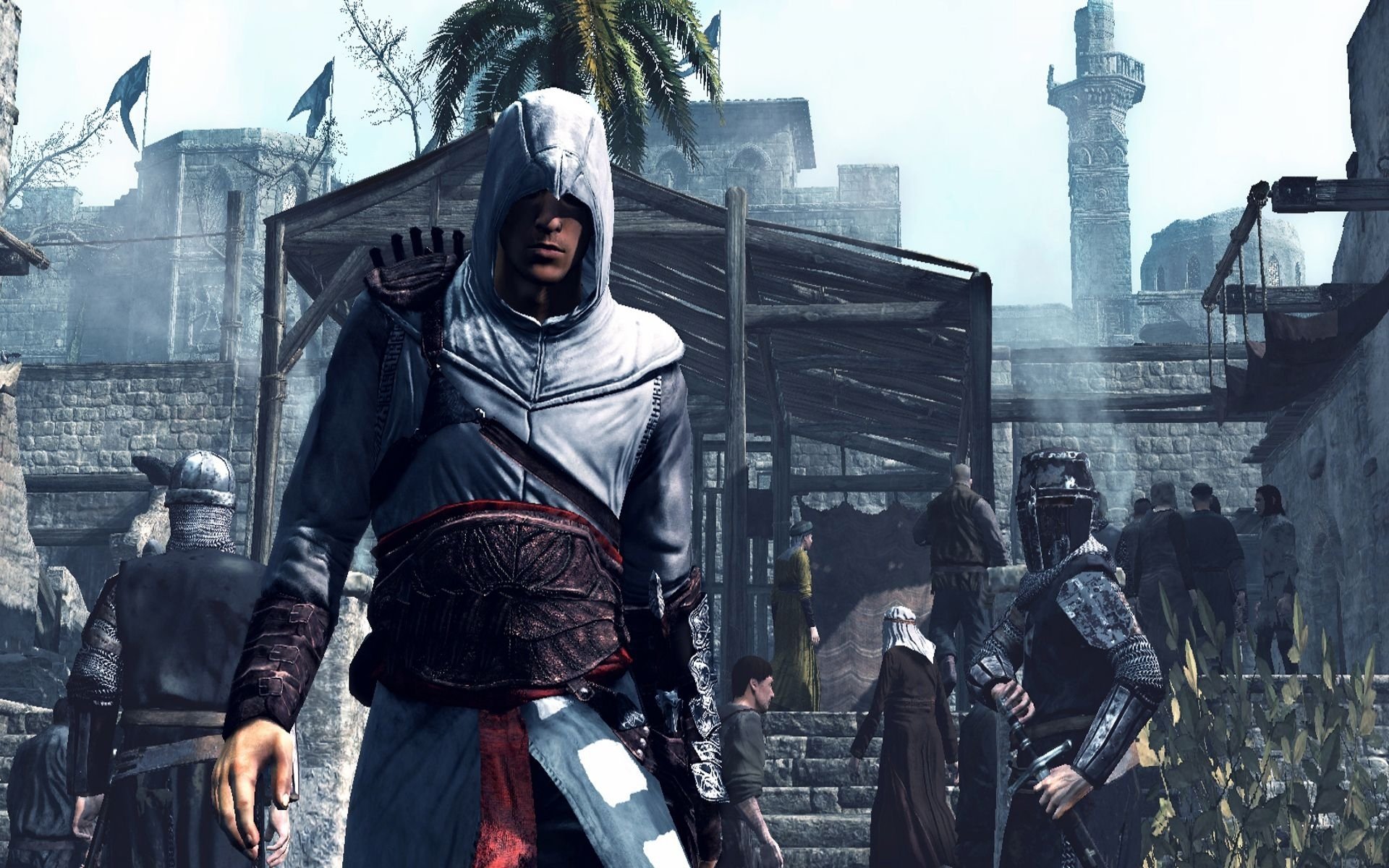 HD PC desktop wallpaper featuring a hooded Assassin's Creed character standing in a historic cityscape with NPCs and palm trees in the background.