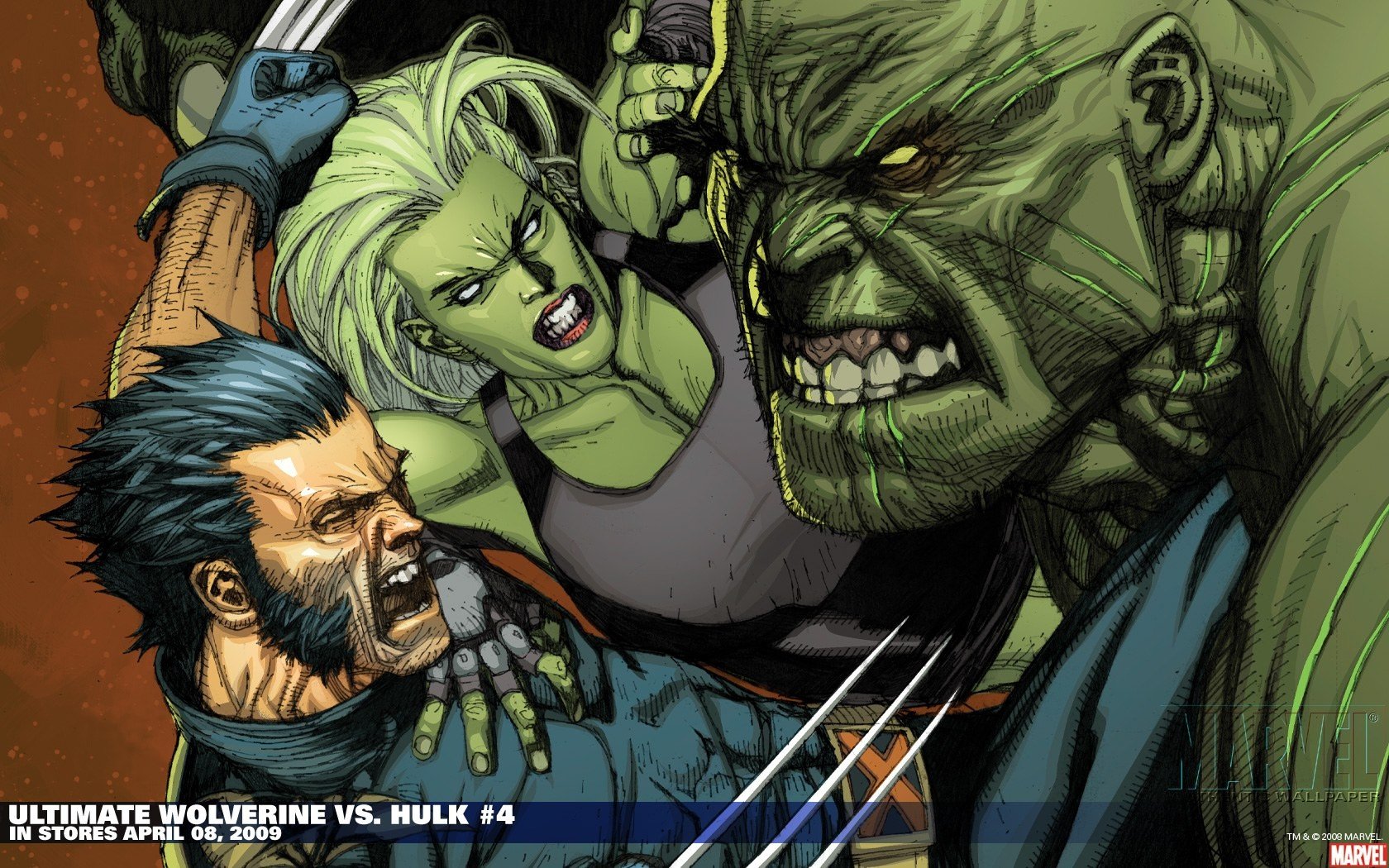 A dynamic comic scene featuring Logan James Howlett (Wolverine) confronting the Hulk, with She-Hulk in action. Set against a vivid background, this HD wallpaper captures an epic clash.