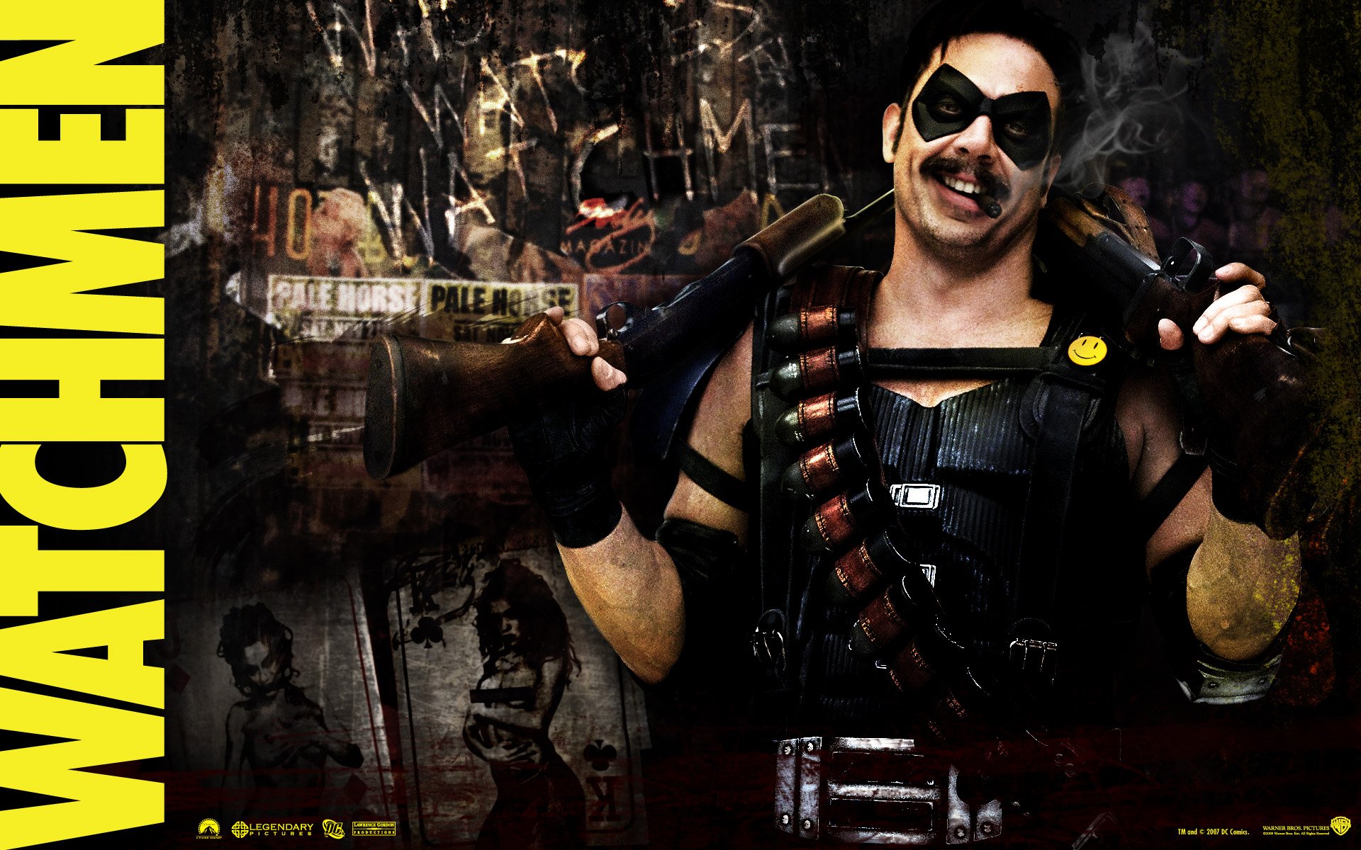 Jeffrey Dean Morgan as The Comedian from the movie Watchmen, showcasing a gritty, dynamic portrayal in this HD desktop wallpaper.