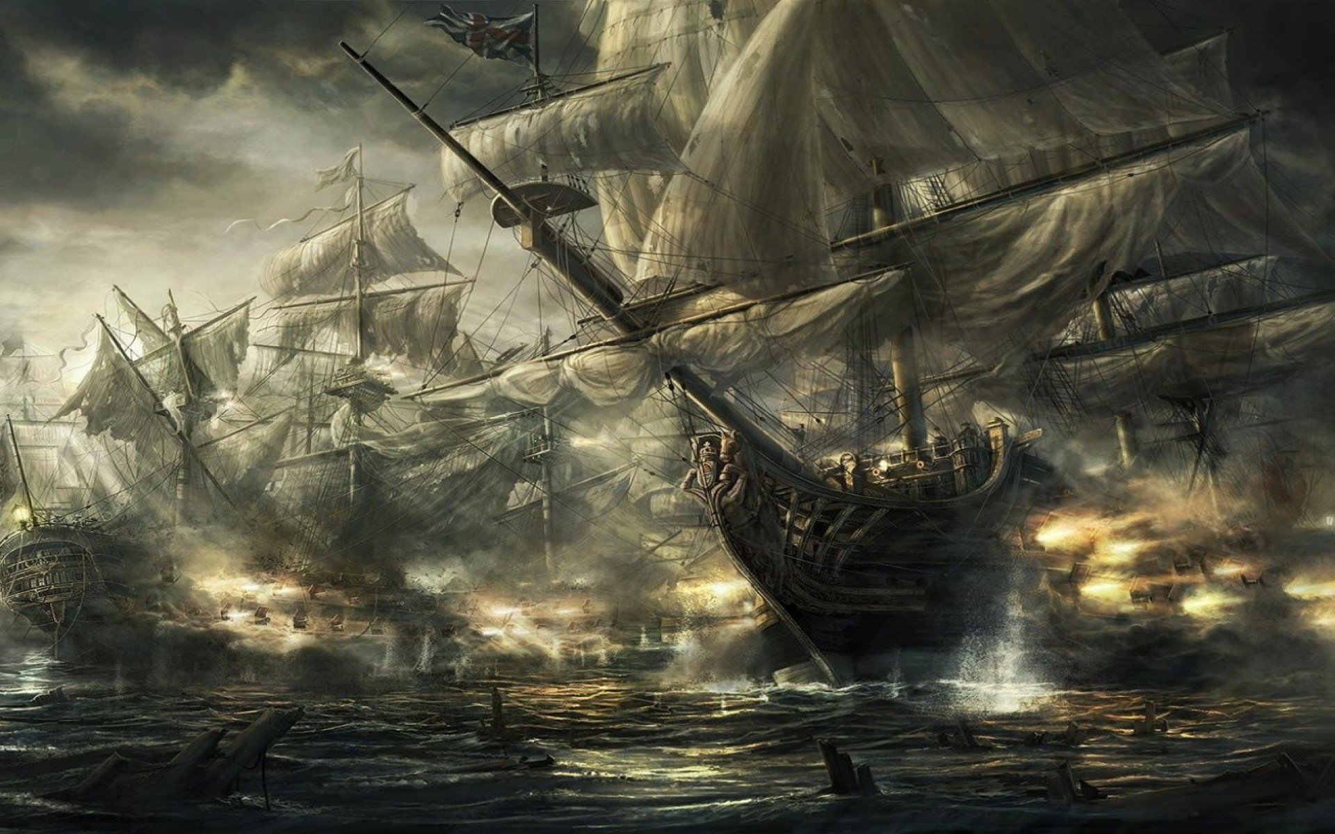 A dramatic naval battle scene featuring majestic ships amidst chaos, embodying the intensity of war in a detailed HD PC wallpaper for fans of Seafight and naval video games.