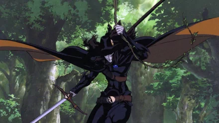 HD anime desktop wallpaper of Vampire Hunter D, featuring the dark-clad protagonist wielding a sword in a dense, green forest setting.