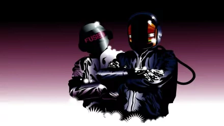 Stylized HD wallpaper featuring Daft Punk, showcasing the duo in sleek helmets and jackets against a gradient background. A striking tribute to their iconic electronic music.