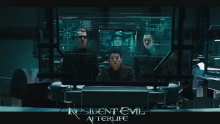 HD PC desktop wallpaper from Resident Evil: Afterlife — a dim command room with four figures around a holographic console, the film logo visible at the bottom.