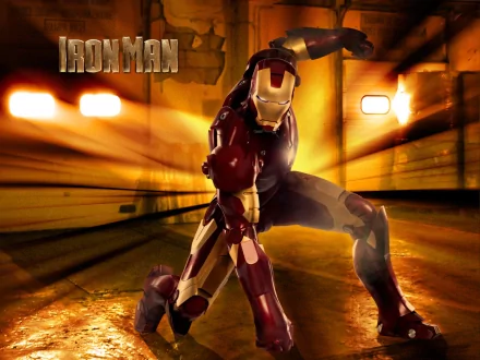 HD wallpaper featuring Tony Stark as Iron Man in a dramatic pose with rays of light in the background. The Iron Man logo is in the top left corner.