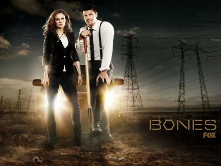 HD desktop wallpaper for the TV series Bones: two lead investigators stand in front of glowing headlights at dusk, one holding a shovel, with powerlines and a barren field behind them.
