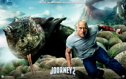 HD desktop wallpaper: giant lizard looming over a muscular action star on a volcanic island — poster image for Journey 2: The Mysterious Island.
