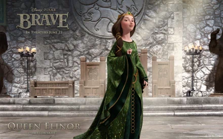 HD PC desktop wallpaper of Queen Elinor from Disney•Pixar's Brave movie, standing regally in a stone throne room in a green gown and crown.