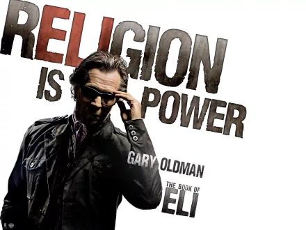 HD PC wallpaper: brooding man in sunglasses and coat against bold Religion Is Power typography in a gritty movie-poster style referencing The Book of Eli.