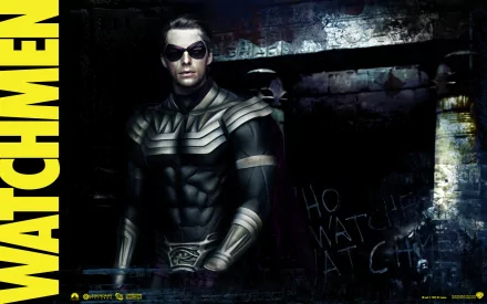 HD PC desktop wallpaper featuring Ozymandias from the Watchmen movie, set against a dark, gritty urban backdrop with Watchmen boldly displayed on the side.