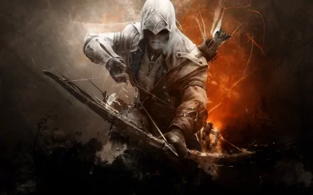 Assassin's Creed III warrior wielding a bow and arrow, set against a dramatic background. This HD desktop wallpaper showcases the iconic video game character in an intense, action-packed pose.
