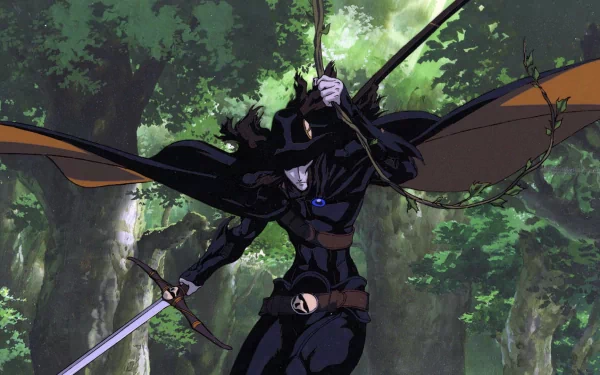 HD anime desktop wallpaper of Vampire Hunter D, featuring the dark-clad protagonist wielding a sword in a dense, green forest setting.