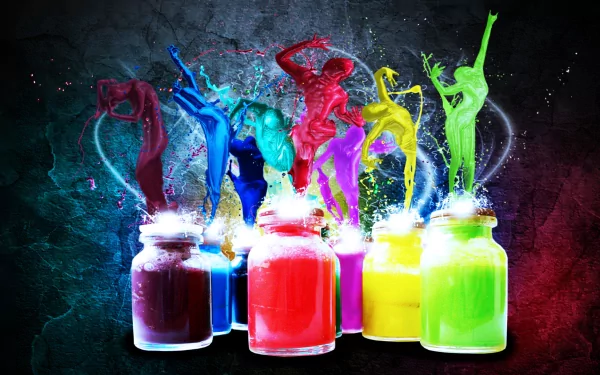 HD PC desktop wallpaper featuring abstract colorful paint splashes shaped like dancing people emerging from jars against a dark textured background.