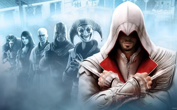 HD PC desktop wallpaper featuring Ezio from Assassin's Creed: Brotherhood, surrounded by key characters from the video game in a misty, atmospheric background.